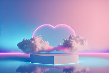 Beauty podium backdrop for product display with dreamy cloud and neon light background. Romantic scene. Digital art
