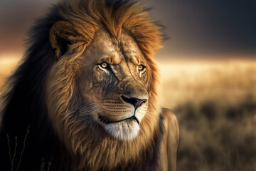 Obraz premium Wild African lion in the savanna. Digital art 