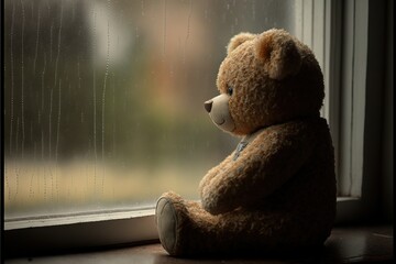  a teddy bear sitting in front of a window with rain drops on it's glass and a raindrops on the window pane behind it, and a blurry background of a building.