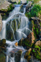 Beautiful mountain rainforest waterfall with fast flowing water and rocks, long exposure. Natural seasonal travel outdoor background with sun shining. Stream waterfall on rocks in the forest