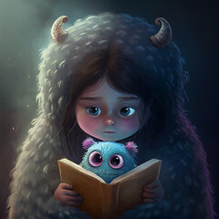 Little girl reading a book with a little monster friend - obrazy, fototapety, plakaty