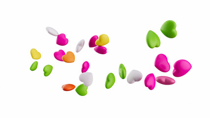 Fototapeta premium Multicolored hearts candies or yummy sweets isolated on the white 3d illustration