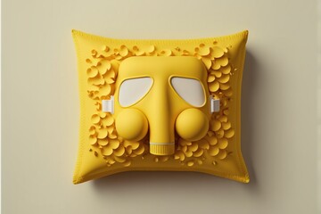  a yellow pillow with a face on it and eyes drawn on it, on a beige background, with a white background, and a yellow background with a white border, rectangle,.