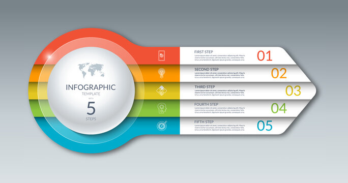 Infographic template with 5 steps, options, parts. Can be used for diagram, graph, chart, report, web design. 5-step vector banner in the form of an arrow.