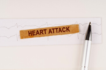 On the cardiogram lies a pen and torn paper with the text - Heart attack