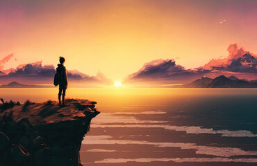 alone anime boy standing on a cliff watching the sunset
