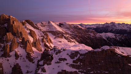 sunrise in the snow dolomites