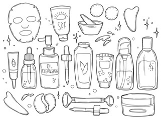 Doodle skin care cosmetics set. Beauty set. Skin care and beauty signs, spa salon and self-care icons. Vector doodle illustration