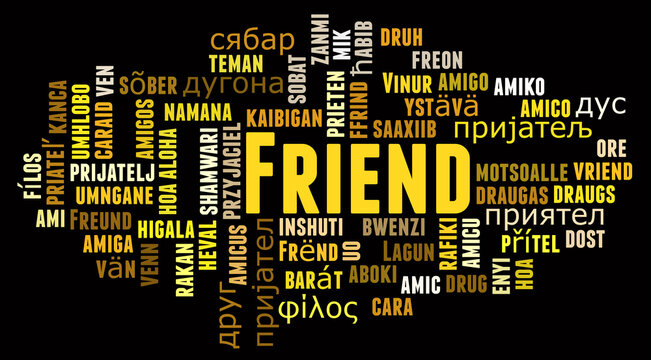 Friend in different languages word cloud concept on black