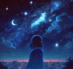 alone anime girl watching the night stars