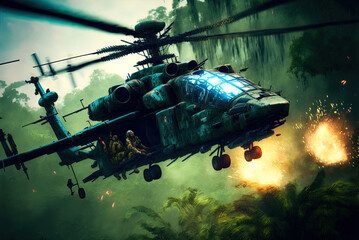 Obraz na płótnie Canvas Helicopter gunship rains down missile and machine gun fire. Action scene. Made with Generative AI.