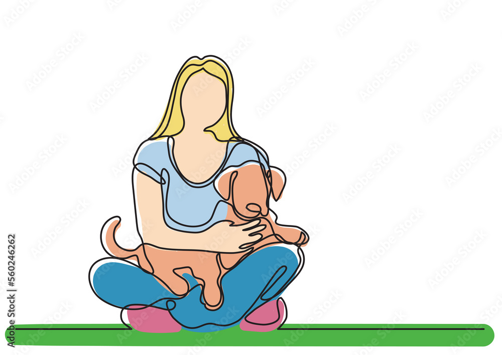 Poster continuous line drawing wonam sitting with dog colored - png image with transparent background
