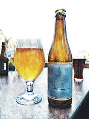 bottle of beer and a glass on a table	