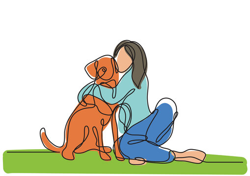 continuous line drawing woman with dog colored - PNG image with transparent background