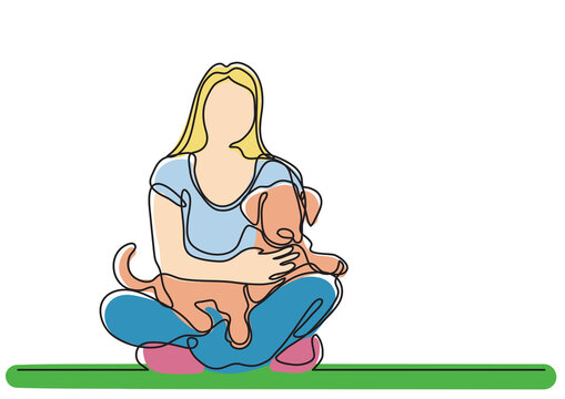 continuous line drawing wonam sitting with dog colored - PNG image with transparent background