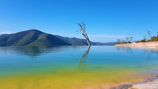 View of Hierve el Agua, is a set of natural rock formations that resemble cascades of water and small natural and artificial pools, is located about 70 km east of Oaxaca city, past Mitla, Mexico.