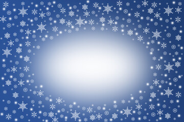 Winter nature snowfall background with central copy space. blue snow blurred abstract snowflake texture Abstract white powder snow cloud border on dark surface. Design of picture frame for websites