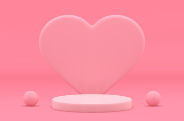 Pink 3d podium heart romantic marriage love event celebration stage design realistic vector