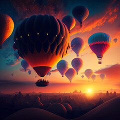 Hot air balloons flying in a beautiful landscape during sunset. Generative AI.