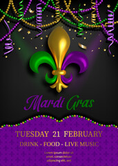 mardi gras poster with pearls and streamers. mardi gras background with tricolor lily