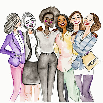 A vibrant illustration of urban female friends, cool and relaxed; multi-ethnic, symbolizing friendship and diversity. Perfect for expressing emotion or graphic uses.