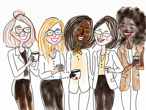 A cheerful illustration featuring a multi-ethnic group of young, laid-back urban women is the perfect image to represent friendship and diversity.