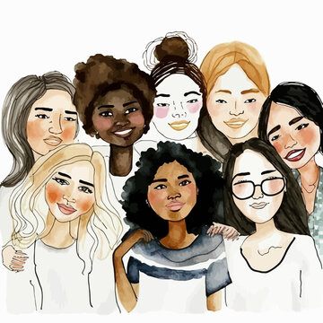 A trendy illustration featuring a happy team of young urban and multi-ethnic women. A modern and inspiring capture for all.