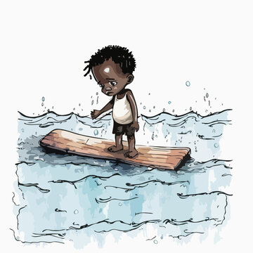 An African child alone in the ocean. A poignant illustration that shows the risks and pain of families trying to cross the Mediterranean Sea.