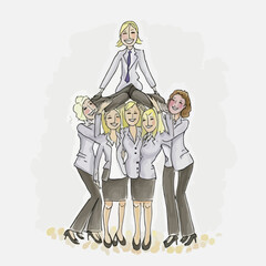 A female leader leading an all-female team, stacking colleagues to form a pyramid. A telling illustration of the strength of women's teams in business.