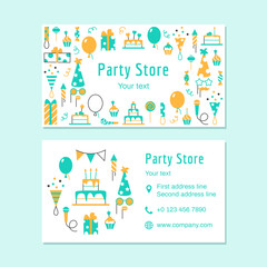 Party store flat line business card template. Event service visit card design. Color abstract celebrating elements signs for birthday party carnival festival. Cake cupcake balloon vector illustration.