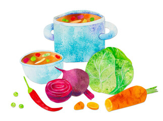 Hand-drawn watercolor papercut vegetable soup ingredients such as carrot, beetroot, cabbage and chili. Cute kidcore style illustration, good for farmers market, products design, stickers or postcards.