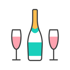 Champagne flat line bottle and two glasses icon isolated on white background. Minimal color beverage with cork sign for romantic event celebration design. Abstract alcoholic drink vector illustration.