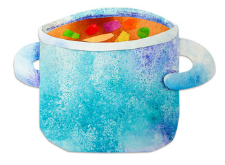 Hand-drawn watercolor papercut vegetable soup in a pot. Cute kidcore style illustration, good for farmers market, supermarket products design, cook book, stickers or postcards.