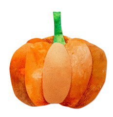 Hand-drawn watercolor papercut orange pumpkin. Bright cute kawaii kidcore style illustration, good for farmers market, supermarket products design, stickers or postcards