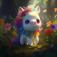 A happy magical unicorn with flowers running in the faery land