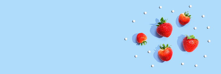 Fresh red strawberries overhead view - flat lay