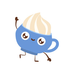 Cute coffee characters. Take glasses, mugs and beans with hot drink. Stickers on white background