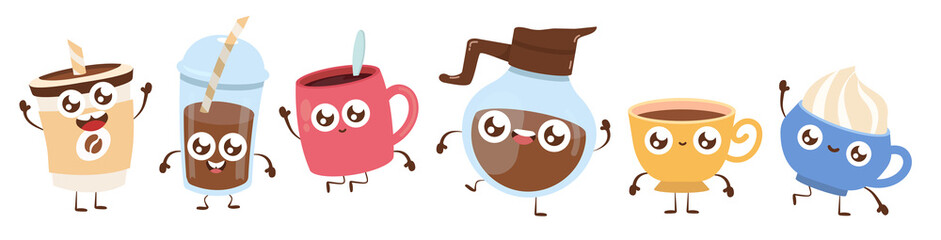 Cute coffee characters. Take glasses, mugs and beans with hot drink. Stickers on white background