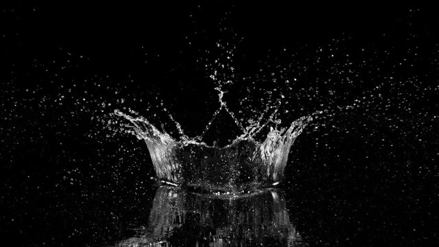 Super slow motion of splashing water crown shape on black background. Filmed on high speed cinema camera, 1000fps.