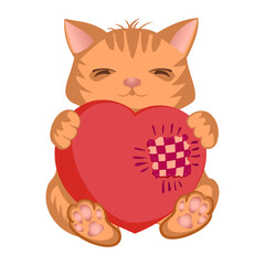 Funny cartoon cat holding a wounded heart in its paws, a design element for Valentine's Day, a gift for a friend, a loved one, for a wedding