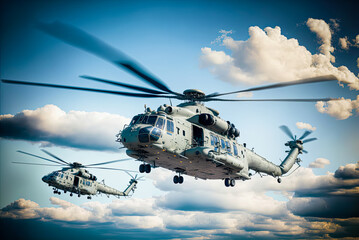 Fototapeta na wymiar Military helicopters in flight. Generative AI