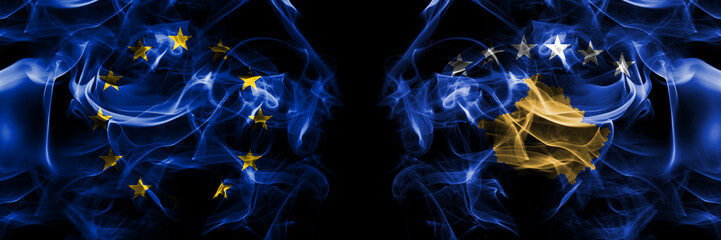 Flags of EU, European Union vs Kosovo, Serbia