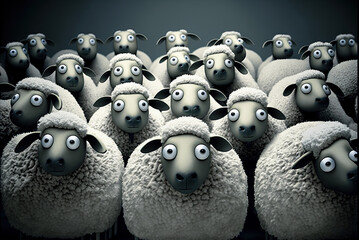 Herd of staring sheep. Generative AI - obrazy, fototapety, plakaty