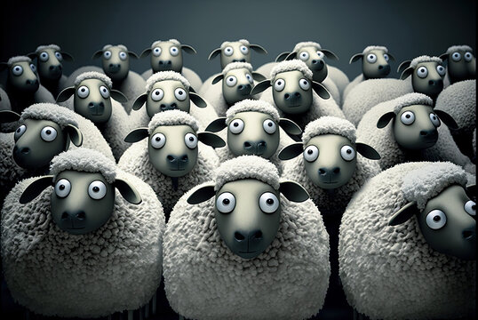 Herd of staring sheep. Generative AI