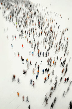 Crowd illustration, large group of people walking on white space, top view, Generative AI © Arthimedes
