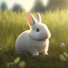 Fototapeta premium Cute Adorable Fluffy Bunny in a Meadow | Midjourney Ai Generated