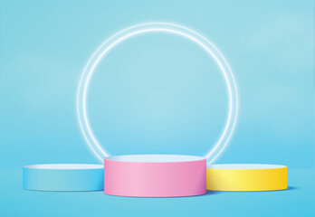 Colorful 3d geometric scene background with podium, product presentation mock up