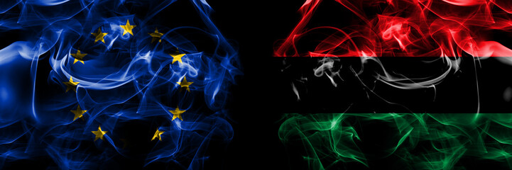 Flags of EU, European Union vs Organizations, Pan african, UNIA - obrazy, fototapety, plakaty