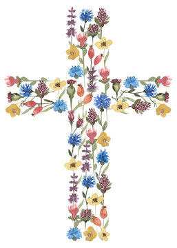 Watercolor hand painted meadow flowers Cross Clipart, Easter Religious cross with field florals illustration, Wildflower Baptism Cross clip art, Holy Spirit clipart