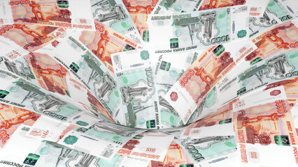 A money funnel of Russian ruble banknotes. Background of Russian banknotes in the form of a funnel. 3D Illustration